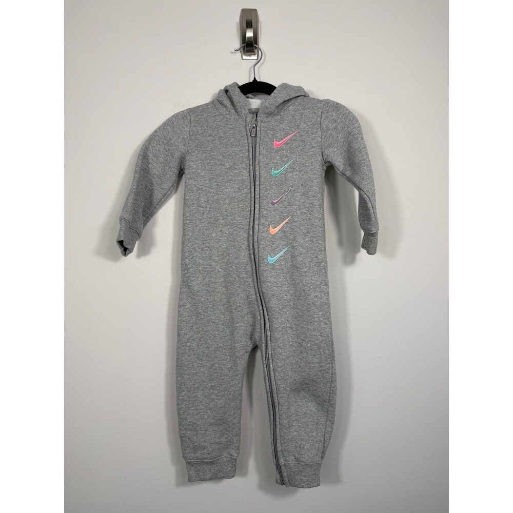 Nike Baby Fleece Hooded Jumpsuit Romper Gray Multicolor Swoosh 18M